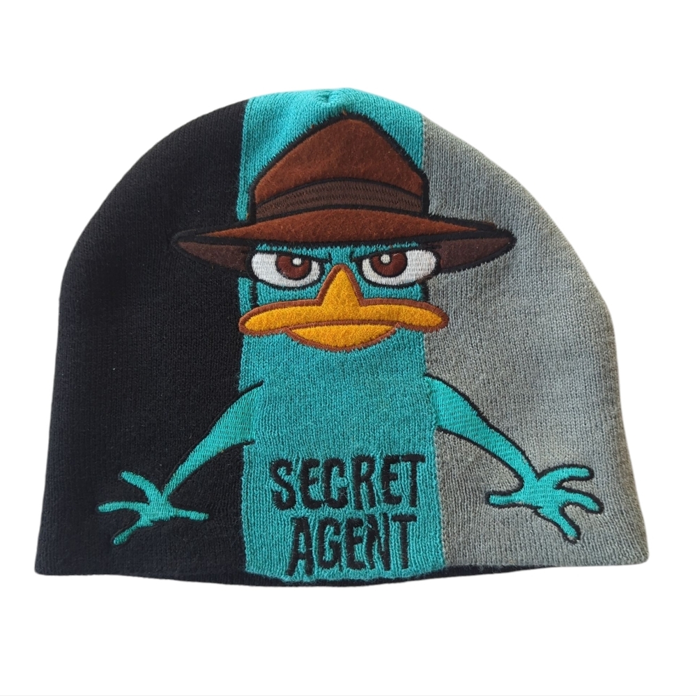 Disney Phineas and Ferb Colorblock Beanie Hat OS BOYS Black Gray Teal Platypus